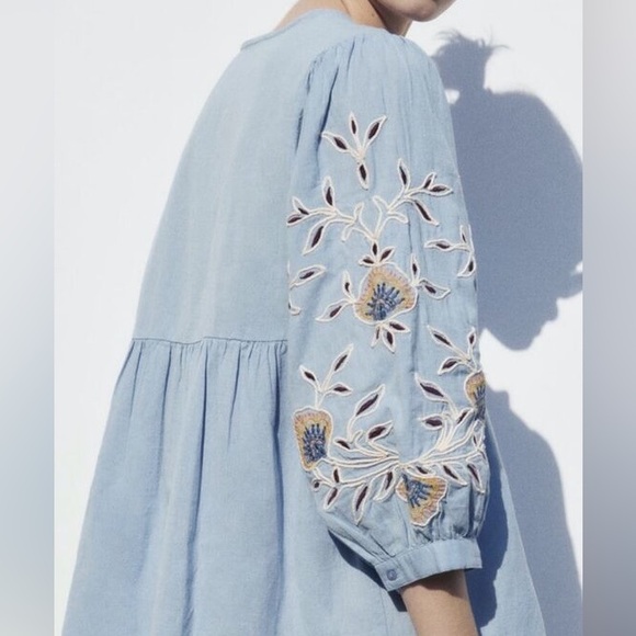ZARA EMBROIDERED LINEN BLEND DRESS Mini Blue Floral Large - Picture 3 of 8